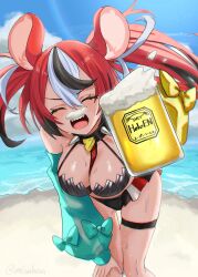  1girl absurdres alcohol animal_ears beach beer beer_mug bikini black_bikini black_streaks blue_sky blue_sleeves breasts closed_eyes commentary cup detached_sleeves english_commentary foam_mustache hakos_baelz highres holding holding_cup hololive hololive_english large_breasts leaning_forward mizuhasi mouse_ears mouse_girl mug multicolored_bikini multicolored_hair ocean open_mouth red_bikini red_hair sand sharp_teeth sky solo swimsuit teeth upper_teeth_only virtual_youtuber white_bikini white_hair yellow_sleeves 