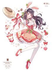  1girl absurdres animal_ears black_hair blush bow breasts cake cookie dress food food-themed_hair_ornament fruit green_ribbon hair_bow hair_ornament hair_ribbon hairclip high_heels highres holding holding_spoon ice_cream kawashima_yaruki long_hair maid maid_headdress medium_breasts multicolored_hair open_mouth original pantyhose pink_hair rabbit_ears red_dress red_eyes red_shoes red_skirt ribbon shoes short_sleeves skirt solo spoon strawberry strawberry_hair_ornament striped_bow upper_body white_dress white_pantyhose yaruwashi 