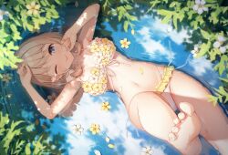  1girl absurdres barefoot bikini blonde_hair blue_eyes breasts cloud flower highres kohanai_momiji large_breasts liver_city medium_hair navel nijihashi_sora one_eye_closed petals reflection sky solo swimsuit twintails water wink  rating:Sensitive score:13 user:DrFumiya