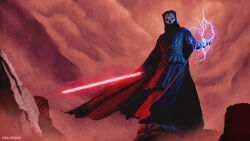  1boy absurdres black_robe darth_nihilus electricity energy_sword gustavolandsmann highres holding holding_sword holding_weapon lightsaber red_lightsaber robe solo star_wars star_wars:_knights_of_the_old_republic sword weapon white_mask 