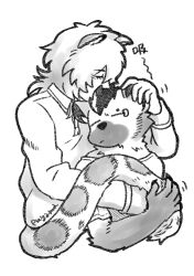  2boys absurdres arknights black_hair closed_eyes closed_mouth commentary_request eyebrow_piercing furry furry_male greyscale hand_on_another&#039;s_head highres hug hyena_boy hyena_ears male_focus monochrome multiple_boys piercing puyama13 silverash_(arknights) sleeping spot_(arknights) translation_request white_background 
