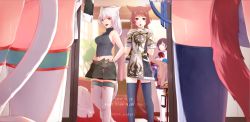 3girls animal_ears artist_name blue_eyes blurry brown_hair cat_ears cat_tail dated depth_of_field english_text facial_mark final_fantasy final_fantasy_xiv grey_eyes heterochromia high_ponytail highres holding hyur indoors lili_mdoki long_hair lower_body miqo&#039;te mirror mole mole_under_eye multiple_girls open_mouth pink_eyes pink_hair ponytail reflection retainer_(ff14) short_hair silver_hair skirt sleeveless smile sunlight tail thighhighs turtleneck window yellow_eyes zettai_ryouiki rating:Sensitive score:10 user:danbooru
