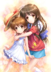  blue_shorts brown_eyes brown_hair clannad commentary_request dress feet_out_of_frame frilled_dress frills goto_p highres hood hooded_sweater hug hug_from_behind ibuki_fuuko long_hair low-tied_long_hair official_art okazaki_ushio red_sweater short_hair shorts socks sweater white_dress white_socks 