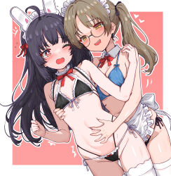  2girls ahoge alternate_costume animal_ear_hairband animal_ears bakasp-lilzy bare_arms bare_shoulders bikini black_bikini black_hair blonde_hair blue_archive blue_bikini blush bow breasts cleavage detached_collar fake_animal_ears hairband hand_on_another&#039;s_stomach highleg highleg_bikini highres large_breasts long_hair looking_at_another maid maid_bikini maid_headdress miyu_(blue_archive) moe_(blue_archive) multiple_girls navel one_eye_closed open_mouth parted_bangs pink_eyes rabbit_ear_hairband rabbit_ears red_bow side_ponytail sidelocks small_breasts stomach swimsuit thighhighs unconventional_maid white_hairband white_thighhighs yellow_eyes yuri 
