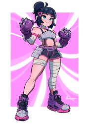  1girl amazu_(kurozu) armor bandaged_arm bandaged_chest bandaged_leg bandaged_neck bandages bare_shoulders belt belt_buckle black_hair black_shorts blue_eyes blunt_bangs border borrowed_character boxing_gloves breastplate breasts buckle commission drawstring full_body hair_bun hair_ornament hands_up high_tops highres legs_apart looking_ahead midriff navel original outside_border parted_lips pink_background pink_trim purple_belt purple_shoes second-party_source shoes short_shorts shorts shoulder_strap sideboob small_breasts sneakers solo spiked_belt standing suspenders triangle_hair_ornament white_border 