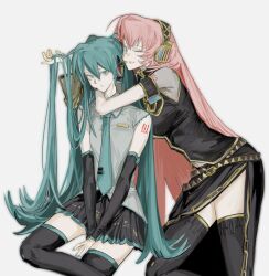  2girls ? absurdres adapted_costume aqua_eyes aqua_hair aqua_nails aqua_trim arm_around_neck arm_tattoo armband baejaan0 belt belt_buckle bent_over black_boots black_shirt black_thighhighs blue_eyes boots breasts buckle closed_mouth collared_shirt cowboy_shot detached_sleeves empty_eyes frilled_shirt frilled_shirt_collar frills frown gold_trim grin hair_between_eyes hand_in_another&#039;s_hair hatsune_miku headset heart high_collar highres invisible_chair large_breasts long_hair long_skirt long_sleeves looking_at_viewer loose_belt megurine_luka midriff_peek multiple_girls navel number_tattoo one_eye_closed pale_skin pink_hair pleated_skirt see-through_clothes see-through_sleeves serious shirt short_sleeves side_slit sidelocks single_detached_sleeve sitting skirt small_breasts smile spoken_heart spoken_question_mark standing tattoo thigh_boots thighhighs twintails very_long_hair vocaloid white_background wing_collar yellow_belt zettai_ryouiki 
