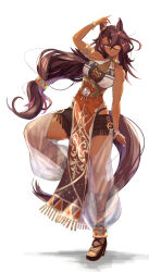  1girl absurdres animal_ears anklet arm_at_side arm_up armlet backlighting bare_shoulders bracelet braid breasts brown_hair brown_shorts cleavage closed_mouth commentary_request commission dark-skinned_female dark_skin dress ear_ornament fingernails foot_up full_body hair_between_eyes hair_ornament high_heels highres horse_ears horse_girl horse_tail jewelry large_breasts leaning_to_the_side light_blush lipstick long_hair long_tail looking_at_viewer low-tied_long_hair makeup mature_female multicolored_hair nail_polish native_american_clothes no_bra panty_straps pink_hair rakasei5050 rigantona_(umamusume) ringed_eyes sandals short_shorts shorts shorts_under_dress skeb_commission sleeveless sleeveless_dress smile solo standing standing_on_one_leg tail toenails toes toned toned_female two-tone_hair umamusume very_long_hair white_nails 