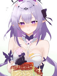  1girl absurdres bare_shoulders blurry blurry_foreground blush breasts castorice_(honkai:_star_rail) closed_mouth collarbone depth_of_field dr.lamina flower glint gradient_background grey_background grey_hair hair_between_eyes hair_flower hair_ornament highres honkai:_star_rail honkai_(series) looking_at_viewer medium_breasts pink_flower pointy_ears purple_eyes purple_flower solo star_rail_special_pass_(honkai:_star_rail) upper_body white_background 