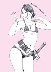  1girl belt bikini bracelet breasts carina_(xiaowoo) collarbone greyscale_with_colored_background hair_bun highres jewelry kishi_mieko looking_to_the_side monochrome navel necklace onna_shunin_kishi_mieko pink_background see-through_bikini see-through_clothes sheath sheathed solo swimsuit sword weapon 