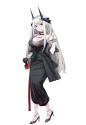  1girl absurdres alcohol arknights bare_shoulders black_dress black_gloves black_horns black_shoes breasts cleavage collarbone commentary_request cup dkzksp dress drink drinking_glass earrings full_body gloves grey_hair hair_between_eyes hand_in_own_hair hand_up high_heels highres holding holding_drink horns infection_monitor_(arknights) jewelry korean_commentary large_breasts long_dress long_hair looking_at_viewer mudrock_(arknights) mudrock_(obsidian)_(arknights) no_socks official_alternate_costume parted_lips pointy_ears red_eyes shoes simple_background single_glove solo standing white_background wine 