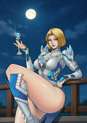  1girl absurdres artist_name blonde_hair blue_eyes blue_lips blue_trim boots breasts choker closed_mouth cloud cloudy_sky collarbone cup diamond_(gemstone) drinking_glass elbow_rest emma_frost feet_out_of_frame foot_up full_moon glint hair_intakes highres holding holding_cup knee_boots large_breasts leotard lips long_sleeves looking_at_viewer marvel marvel_rivals moon night night_sky outdoors railing short_hair sky solo star_(sky) starry_sky thick_thighs thighs tre_artz x-men 