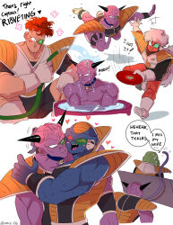  5boys :d ^_^ amiz06 armor artist_name bald biceps black_bodysuit black_horns black_nails blue_collar blue_skin blush blush_stickers bodysuit boots burter captain_ginyu closed_eyes collar collarbone colored_skin colored_tongue commentary couch dragon_ball dragonball_z english_commentary english_text facing_away fangs fingernails flower_symbol frisbee gloves green_skin guldo hand_up heart highres holding holding_hose horns hose hug jeice licking long_fingernails long_hair long_tongue low_ponytail male_focus motion_lines multiple_boys multiple_views muscular muscular_male on_couch open_mouth outstretched_arms partially_submerged pectorals ponytail purple_skin purple_tongue recoome red_eyes red_hair red_skin running saiyan_armor scouter sharp_fingernails short_hair short_sleeves simple_background sitting smile speech_bubble squatting teeth tongue tongue_out topless_male twitter_username upper_teeth_only vambraces water wet white_background white_footwear white_gloves white_hair 