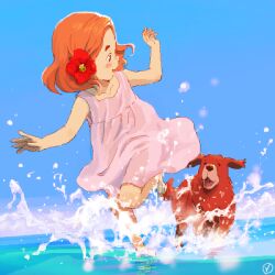  1girl animal bare_arms blue_sky brown_eyes child commentary dog dress flone_robinson flower hair_flower hair_ornament happy hibiscus horizon john_(swiss_family_robinson) looking_at_animal looking_at_another looking_back lowres medium_hair ocean open_mouth orange_hair outdoors pink_dress red_flower running sakai_yume sky smile splashing standing summer sundress swiss_family_robinson wading water 