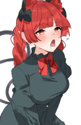  1girl absurdres animal_ears black_dress braid breasts cat_ears cat_girl cat_tail commentary comorebi dress extra_ears highres juliet_sleeves kaenbyou_rin large_breasts long_hair long_sleeves multiple_tails open_mouth puffy_sleeves red_hair saliva side_braids simple_background solo symbol-only_commentary tail tongue tongue_out touhou twin_braids two_tails upper_body white_background 