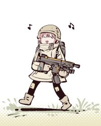  1girl assault_rifle backpack bag boots closed_eyes commentary full_body gloves gun helmet highres holding holding_gun holding_weapon jacket kato_takuji long_sleeves musical_note open_mouth original pink_hair rifle solo spoken_musical_note walking weapon white_background 