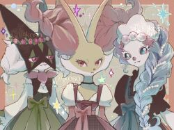  3girls :&lt; alternate_hairstyle animal_ear_fluff animal_nose bad_tag black_choker black_dress blue_eyes blue_hair body_fur bow braid braided_fur cat_girl choker clothed_pokemon clown_nose colored_eyelashes delphox dress eye_mask fang fox_girl frilled_sleeves frills furry furry_female gem gen_6_pokemon gen_7_pokemon green_fur green_skirt hair_ornament half-closed_eyes head_wreath juliet_sleeves koso2023 light_frown long_braid long_eyelashes long_sleeves looking_at_viewer low_neckline meowscarada multicolored_fur multiple_girls nintendo off-shoulder_dress off_shoulder pearl_(gemstone) pearl_hair_ornament pokemon pokemon_(creature) pokemon_focus primarina puffy_long_sleeves puffy_short_sleeves puffy_sleeves red_bow red_eyes red_fur red_skirt seal_girl short_sleeves single_braid skin_fang skirt smile sparkle starfish_hair_ornament two-tone_fur upper_body yellow_fur 