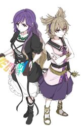  2girls bead_bracelet beads blonde_hair boots bracelet brown_eyes brown_hair dress full_body highres hijiri_byakuren jewelry layered_dress looking_at_viewer majime_na_gakuinsei multiple_girls purple_eyes purple_hair smile touhou toyosatomimi_no_miko white_background 
