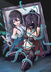  2girls absurdres arms_up bdsm black_bra black_hair black_pantyhose blindfold blue_eyes blue_necktie bondage bondage_mittens bound bra breasts collarbone elbow_gloves gag gag_harness gagged gloves highres kneeling legbinder long_hair looking_at_another looking_to_the_side magic multiple_girls navel necktie open_mouth original panties panties_under_pantyhose pantyhose plug_gag red_eyes restrained ring_gag shibarikini shirt sideboob sidelocks sleeveless sleeveless_turtleneck small_breasts stomach tentacles turtleneck turtleneck_shirt underwear very_long_hair white_gloves xiongmao 