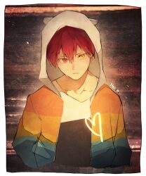  1boy akashi_seijuurou border closed_mouth collarbone commentary_request cropped_torso frown hair_between_eyes hands_in_pockets heart heterochromia highres hood hood_up hooded_jacket jacket kuroko_no_basuke looking_at_viewer male_focus multicolored_jacket open_clothes open_jacket red_eyes red_hair ryo_(piggerworld) shirt short_hair slit_pupils solo upper_body v-neck white_border white_shirt yellow_eyes 