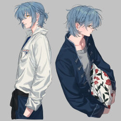  1boy absurdres aqua_hair blue_jacket blue_shirt blush closed_mouth coke_6 cowboy_shot eyes_visible_through_hair grey_background grey_shirt hair_over_one_eye highres jacket looking_at_viewer looking_to_the_side mahoutsukai_no_yakusoku male_focus medium_hair multiple_views nero_turner parted_lips profile shirt simple_background teeth upper_body white_jacket yellow_eyes 