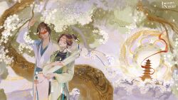  2girls absurdres artist_request black_hanfu blindfold bonsai brown_hair character_request cherry_blossoms chinese_clothes closed_eyes closed_mouth collarbone colored_blindfold commentary copyright_name cowboy_shot day english_commentary expressionless flower green_robe hair_flower hair_ornament hand_up hanfu headband high_collar highres holding holding_scroll infinity_nikki light_particles lipstick logo long_hair long_sleeves makeup mandarin_collar miss_bai_(infinity_nikki) multiple_girls nikki_(series) official_art official_wallpaper orange_headband outdoors pagoda puffy_long_sleeves puffy_sleeves purple_sky red_lips robe scroll second-party_source sky smile spring_(season) tassel tassel_hair_ornament topknot tree walking white_flower white_hanfu white_robe 