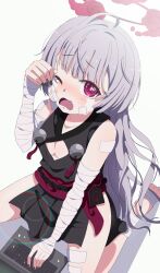  1girl absurdres ahoge bandaged_arm bandaged_leg bandages bare_shoulders barefoot bell between_legs black_kimono black_nails blue_archive blunt_bangs blush breasts bright_pupils cleavage cleavage_cutout clothing_cutout commentary computer_keyboard crying crying_with_eyes_open fang from_above grey_hair halo hand_between_legs hand_up highres huge_filesize japanese_clothes jingle_bell kimono lens_flare loli long_hair looking_at_viewer mikoshi_(user_wvyd4348) nail_polish nose_blush open_mouth red_halo red_sash sash shuro_(blue_archive) sideless_kimono simple_background sitting small_breasts solo streaming_tears tears upturned_eyes very_long_hair wariza white_background 