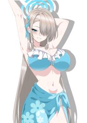  1girl absurdres asuna_(blue_archive) bikini blonde_hair blue_archive blue_bikini blue_eyes blue_halo blue_sarong blush breasts cleavage floral_print frilled_bikini frills grin groin hair_over_one_eye hair_ribbon halo hazaky highres large_breasts long_hair looking_at_viewer navel ribbon sarong smile solo swimsuit thighs very_long_hair 