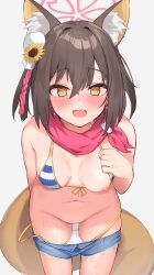 1girl @_@ absurdres animal_ear_fluff animal_ears bikini black_hair blue_archive blue_shorts blush breasts clothes_pull cowboy_shot dairiseki fang fox_ears fox_tail front-tie_bikini_top front-tie_top halo highres izuna_(blue_archive) izuna_(swimsuit)_(blue_archive) navel nipples official_alternate_costume open_mouth pink_halo pussy red_scarf scarf short_hair short_shorts shorts shorts_pull simple_background small_breasts solo striped_bikini striped_clothes swimsuit tail white_background yellow_eyes rating:Questionable score:123 user:danbooru