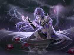  1girl absurdres acheron_(honkai:_star_rail) armor bandaged_leg bandages black_shorts breasts chikenug1000000 cleavage flower highres holding holding_sword holding_weapon honkai:_star_rail honkai_(series) katana leg_tattoo lightning long_hair looking_at_viewer medium_breasts navel purple_eyes purple_hair rain red_flower scabbard sheath short_shorts shorts shoulder_armor single_bare_shoulder solo sword tattoo thighs very_long_hair weapon 