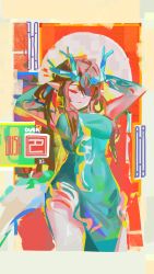  1girl absurdres arknights arms_behind_head arms_up brown_hair character_name china_dress chinese_clothes closed_eyes closed_mouth commentary covered_navel cropped_legs dragon_girl dragon_horns dress dusk_(arknights) dusk_(everything_is_a_miracle)_(arknights) english_commentary green_dress hair_over_one_eye highres horns long_hair nikov official_alternate_costume one_eye_covered pointy_ears sleeveless sleeveless_dress solo standing 