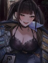  1girl belt black_bra black_choker black_hair blue_skirt blush bra breasts cellphone choker coin collarbone cowboy_shot fangs goddess_of_victory:_nikke gold_coin half-closed_eyes highres huazhimaru0 jacket lace lace-trimmed_bra lace_trim large_breasts long_hair looking_at_viewer medicine_bottle mole mole_under_eye open_clothes open_jacket open_mouth outdoors phone red_eyes skirt smartphone sora_(nikke) twintails underwear wireless_earphones 