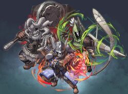  3boys armor aura axe blue_surcoat bow_(weapon) brown_gloves chainmail dragon_skull drawing_bow dynamic_pose elden_ring elden_ring_nightreign energy fire full_body gloves green_hood grey_background gunjima_souichirou hat_over_eyes helmet holding holding_axe holding_bow_(weapon) holding_weapon ironeye_(elden_ring) multiple_boys over_shoulder quiver raider_(elden_ring) scale_armor sword sword_on_back weapon weapon_on_back weapon_over_shoulder winged_helmet wylder_(elden_ring) 