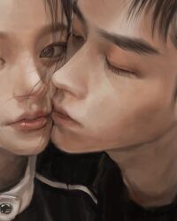  1boy 1girl 2025 asian black_hair brown_eyes closed_eyes closed_mouth hetero highres imminent_kiss makeup original pink_lips whoisluvme 
