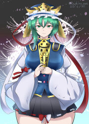  1girl absurdres asymmetrical_hair black_background black_skirt blue_hat breasts closed_mouth commentary cowboy_shot dated flower frilled_hat frills gradient_background green_eyes green_hair hashiro_fumi hat highres juliet_sleeves large_breasts long_sleeves looking_at_viewer medium_hair pleated_skirt puffy_sleeves ribbon-trimmed_skirt ribbon_trim rod_of_remorse shiki_eiki skirt smile spider_lily thighhighs touhou twitter_username wide_hips zettai_ryouiki 