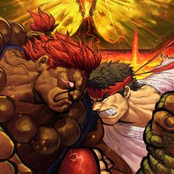 2boys absurdres akuma_(street_fighter) artist_collaboration clenched_teeth dark-skinned_male dark_skin eruption frown glowing glowing_eyes groovy_(docilebread) headband highres kyo_yukanna lava multiple_boys muscular muscular_male red_hair red_headband ryu_(street_fighter) street_fighter street_fighter_ii_(series) street_fighter_iv_(series) teeth upper_body volcano