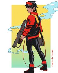  1boy after_school_(visual_novel) akira_(manga) artist_name black_hair black_pants black_shoes border closed_mouth commentary cosplay elijah_lang english_commentary fever_fiction goggles goggles_on_head gradient_background gun highres jacket kaneda_shoutarou_(akira) kaneda_shoutarou_(akira)_(cosplay) looking_back male_focus pants red_jacket shoes short_hair smoke smoking_barrel standing weapon white_border 