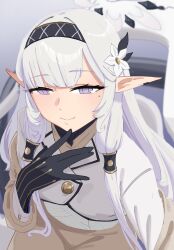  1girl artist_name black_gloves black_hairband black_halo blue_archive commentary earclip elf english_commentary eyelashes finger_to_mouth flower gloves hair_flower hair_ornament hair_tubes hairband halo herzero highres himari_(blue_archive) jacket light_smile long_hair mole mole_under_eye multicolored_halo pointy_ears powered_wheelchair purple_eyes sitting solo striped_clothes striped_hairband wheelchair white_hair white_halo 
