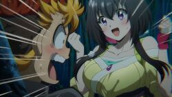 1boy 1girl animated anime_screenshot black_hair blonde_hair blue_eyes blush breasts brown_hair collarbone colored_inner_hair gradient_hair highres large_breasts long_hair multicolored_hair narihira_takeru onmyo_kaiten_re:birth open_mouth pink_hair red_hair smile sound tagme tsukimiya_(onmyo_kaiten) video