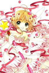  1990s_(style) 1girl :d antenna_hair bare_shoulders bow cardcaptor_sakura choker clamp_(circle) collarbone cowboy_shot dress elbow_gloves gloves green_eyes hair_intakes highres holding holding_wand hoshi_no_tsue kinomoto_sakura looking_at_viewer official_alternate_costume official_art open_mouth orange_hair petals pink_petals red_bow red_choker retro_artstyle ribbon_choker short_hair simple_background smile solo standing strapless strapless_dress wand white_background white_dress white_gloves white_wings wings 