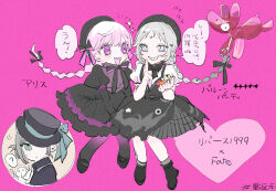  3girls :d :o ? balloon_animal balloon_party beret black_boots black_bow black_bowtie black_dress black_hat black_skirt blue_eyes boots bow bowtie braid character_name dress fate/grand_order fate_(series) full_body grey_eyes grey_hair grin gura_(im_gura0205) hair_bun hair_over_one_eye hat hat_over_one_eye heart highres holding index_finger_raised invisible_chair juliet_sleeves long_sleeves looking_at_another looking_to_the_side low_twin_braids medium_dress multiple_girls nursery_rhyme_(fate) one_eye_covered open_mouth pink_background pink_hair puffy_short_sleeves puffy_sleeves reverse:1999 shirt short_sleeves single_side_bun sitting skirt smile sparkle speech_bubble spoken_question_mark suspender_skirt suspenders teeth translation_request twin_braids upper_body vertin_(reverse:1999) white_shirt 