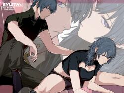  1boy 1girl alternate_costume amikoiiko ankle_boots arm_on_knee assisted_stretching bad_tag black_boots black_shirt blue_hair boots brown_boots brown_shorts character_name cleavage_cutout closed_mouth clothing_cutout collared_shirt copyright_name cropped_shirt dual_persona english_text female_byleth_(fire_emblem) fingernails fire_emblem fire_emblem:_three_houses green_pants hand_on_another&#039;s_back high_collar highres inset_border looking_at_viewer male_byleth_(fire_emblem) mandarin_collar nintendo on_one_knee pants pink_background purple_eyes shirt short_hair short_sleeves shorts stretching sword_hilt two-tone_background white_background zoom_layer 