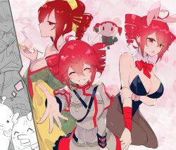  1girl animal_ears bare_shoulders black_leotard black_pantyhose blowing_smoke bow bowtie breasts buttons cleavage closed_eyes collarbone detached_collar double-breasted drill_hair fake_animal_ears frilled_skirt frills from_side green_kimono grey_jacket grey_skirt hair_bow heart hito_mania_(utau) holding holding_smoking_pipe jacket japanese_clothes kasane_teto kasane_teto_(sv) kimono kiseru large_breasts leotard looking_at_viewer medium_hair multicolored_hair necktie pantyhose playboy_bunny rabbit_ears rabbit_hole_(vocaloid) reaching reaching_towards_viewer red_bow red_bowtie red_eyes red_hair red_necktie red_ribbon red_trim ribbon robot shoulder_belt skirt smile smoking smoking_pipe strapless strapless_leotard streaked_hair synthesizer_v teeth torino_sasami twin_drills utau variations white_bow white_hair yuujo 