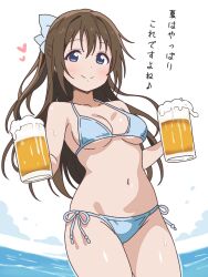  1girl beer_mug bikini blue_bikini blue_bow blue_eyes bow breasts brown_hair cup hair_bow halterneck holding long_hair looking_at_viewer love_live! love_live!_nijigasaki_high_school_idol_club medium_breasts mug mukiryoku_bato navel ocean osaka_shizuku side-tie_bikini_bottom smile swimsuit wading 