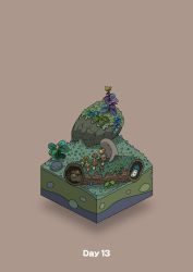 animal boulder brown_background commentary diorama gozz highres holding holding_mushroom isometric log moss mushroom original plant rating:General score:0 user:danbooru