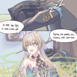  1girl arknights bare_shoulders blonde_hair blue_hair colored_extremities commentary doctor_(arknights) dragon_girl dragon_horns earrings english_commentary english_text eyeliner green_eyes hair_between_eyes highres horns jacket jewelry long_hair looking_to_the_side makeup multicolored_hair necklace off_shoulder plant poem pointy_ears red_eyes shu_(arknights) slark-chan sleeping smile speech_bubble wheat 