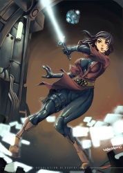  1girl battle black_hair boots breasts energy_sword female_focus gloves highres jedi jedi_knight large_breasts lightsaber lips long_hair original paulo_barrios realistic red_eyes robot science_fiction skin_tight solo star_wars sword weapon  rating:Sensitive score:90 user:danbooru