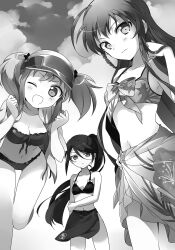  029 3girls ahoge bent_over bikini blush braid breasts cleavage clenched_hands closed_mouth cloud cowboy_shot front-tie_top hand_in_own_hair hand_on_own_hip hataraku_maou-sama! highres holding_own_arm hood hooded_jacket jacket kamazuki_suzuno large_breasts long_hair looking_at_viewer monochrome multiple_girls navel one_eye_closed open_clothes open_jacket open_mouth outdoors ribbon sarong sasaki_chiho short_twintails side-tie_bikini_bottom side_braid side_ponytail sky smile standing standing_on_one_leg straight_hair swimsuit thighs twintails v-shaped_eyebrows visor_cap yusa_emi 