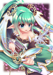  1girl bare_shoulders blue_eyes bow_(weapon) breasts dress emil_chronicle_online frilled_dress frills green_dress green_hair hair_ornament highres holding holding_bow_(weapon) holding_weapon long_hair mitama_lilie open_mouth pointy_ears ponytail small_breasts weapon white_wings wings yupi828 