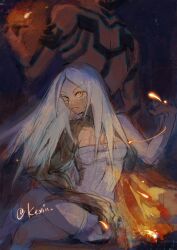  1boy 1girl absurdres artist_name back-to-back body_horror body_markings dark_background demi-fiend demon_girl denim_dress dress fire from_behind highres kexiu long_hair looking_at_viewer shin_megami_tensei shin_megami_tensei_iii:_nocturne signature sitting sleeveless sleeveless_dress smile tachibana_chiaki_(megami_tensei) topless_male white_hair yellow_eyes 