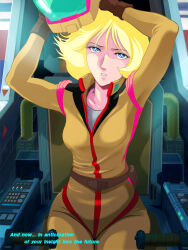  blonde_hair blue_eyes bodysuit cockpit english_text gundam helmet highres mai_(b9035796) mecha_pilot_suit mobile_suit_gundam sayla_mass spacesuit unworn_headwear unworn_helmet  rating:General score:1 user:Bubcus93